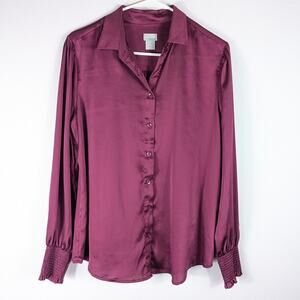 Chicos Satin Button Front Blouse Size 0 Burgundy Long Sleeve Smocked Cuffs Top
